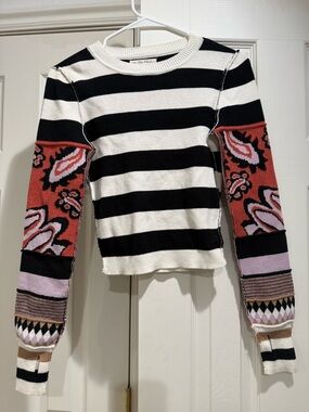Free People Black & White Striped Pullover with Rose-Patterned Sleeves